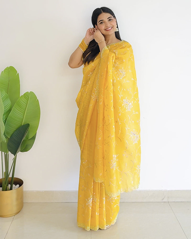 Tulip Yellow Designer Crushed Tissue Saree With Embroidery-Diamond Work And Cut Work Border