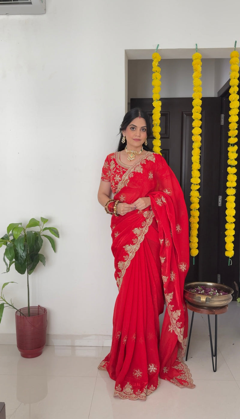 Vishal Prints Venetian Red Designer Fancy Satin Saree With Zari-Embroidery Work And Cut Work Border