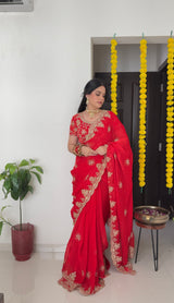 Vishal Prints Venetian Red Designer Fancy Satin Saree With Zari-Embroidery Work And Cut Work Border