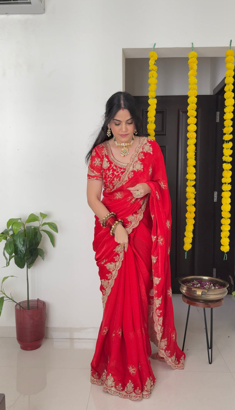 Vishal Prints Venetian Red Designer Fancy Satin Saree With Zari-Embroidery Work And Cut Work Border