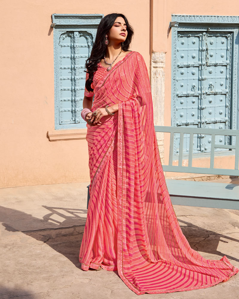Vishal Prints Light Coral Printed Brasso Saree With Fancy Border