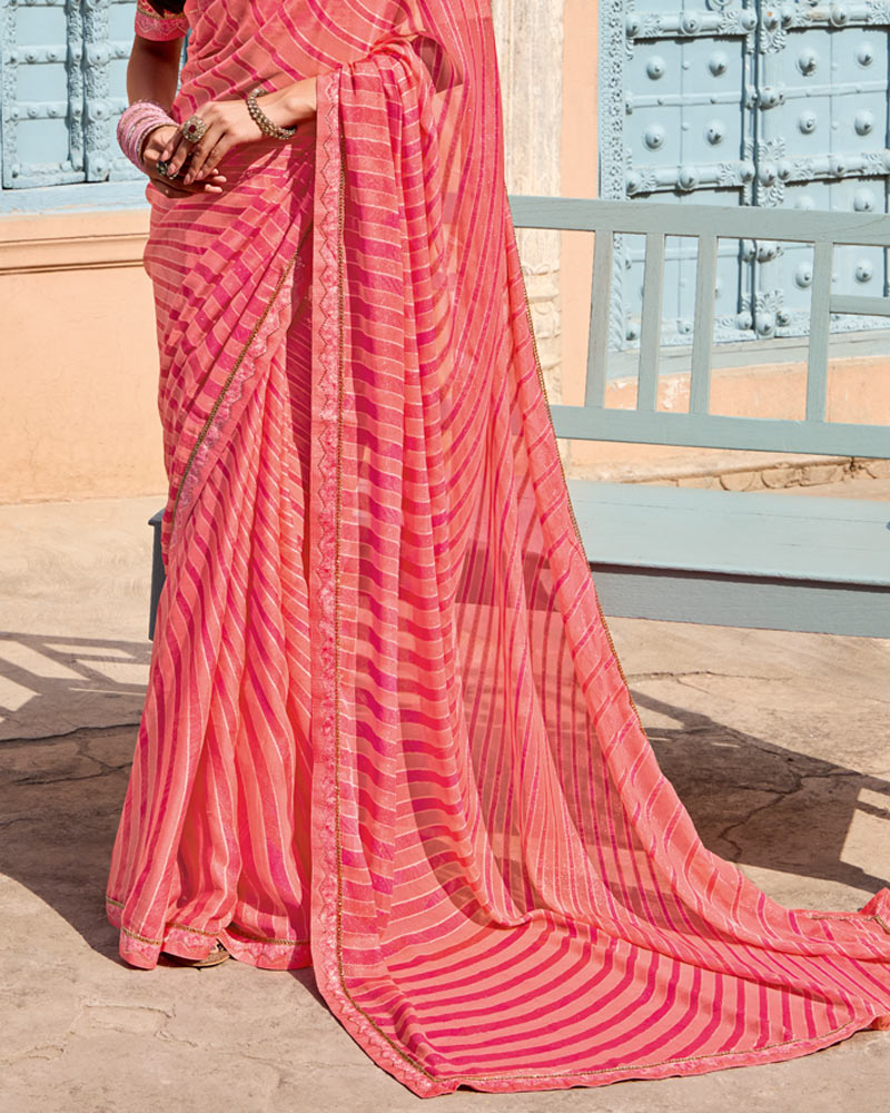 Vishal Prints Light Coral Printed Brasso Saree With Fancy Border
