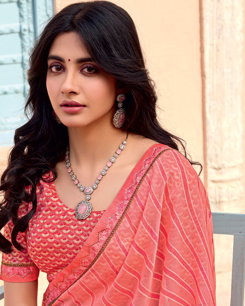 Vishal Prints Light Coral Printed Brasso Saree With Fancy Border