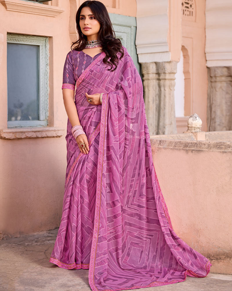 Vishal Prints Light Plum Printed Brasso Saree With Fancy Border