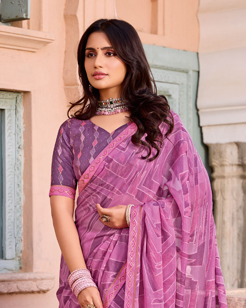 Vishal Prints Light Plum Printed Brasso Saree With Fancy Border