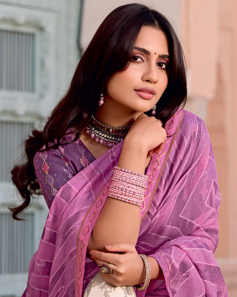 Vishal Prints Light Plum Printed Brasso Saree With Fancy Border