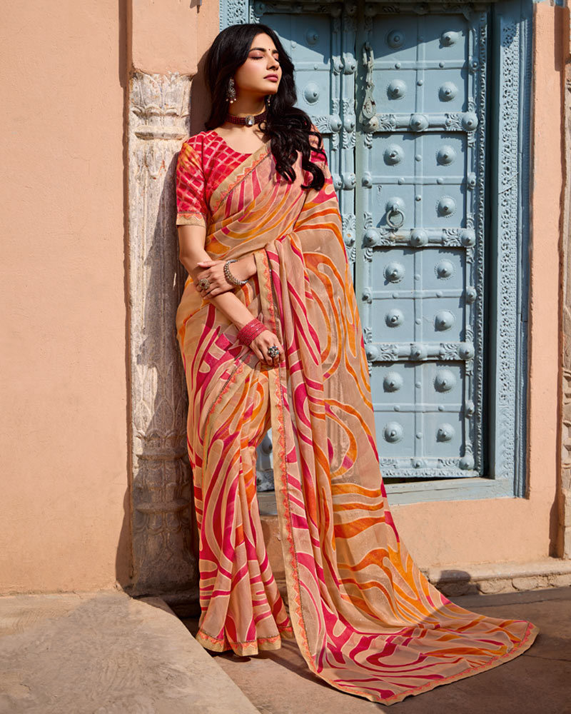 Vishal Prints Light Brownish Orange Printed Brasso Saree With Fancy Border