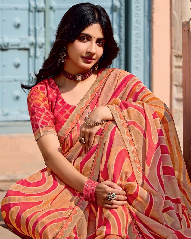 Vishal Prints Light Brownish Orange Printed Brasso Saree With Fancy Border