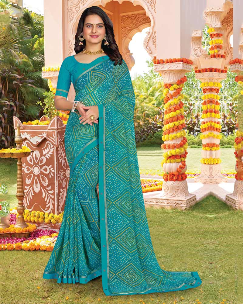 Vishal Prints Ocean Blue Printed Georgette Saree With Fancy Border
