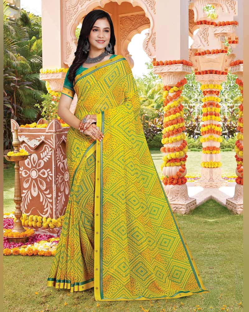 Vishal Prints Golden Yellow Printed Georgette Saree With Fancy Border
