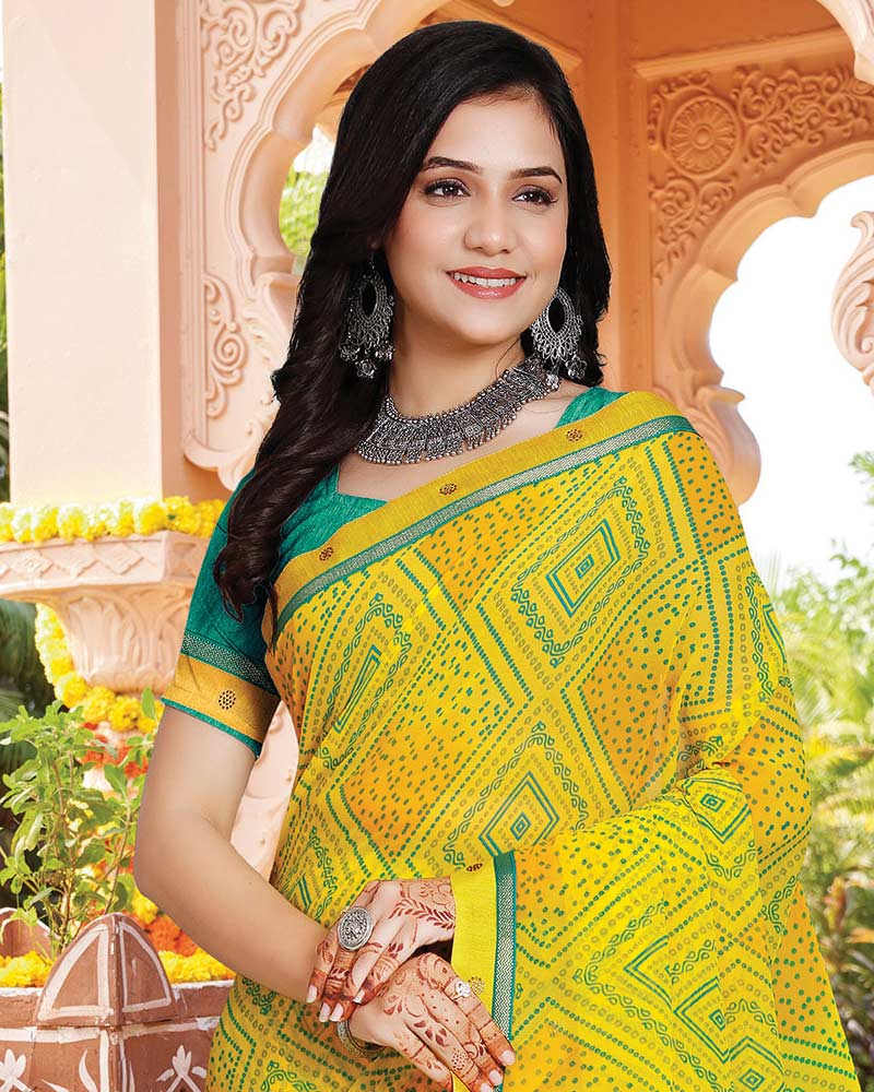 Vishal Prints Golden Yellow Printed Georgette Saree With Fancy Border