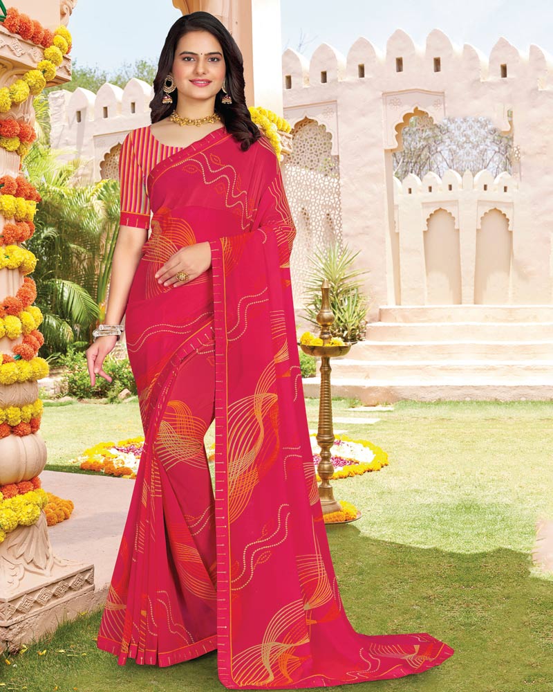 Vishal Prints Pinkish Red Printed Georgette Saree With Fancy Border