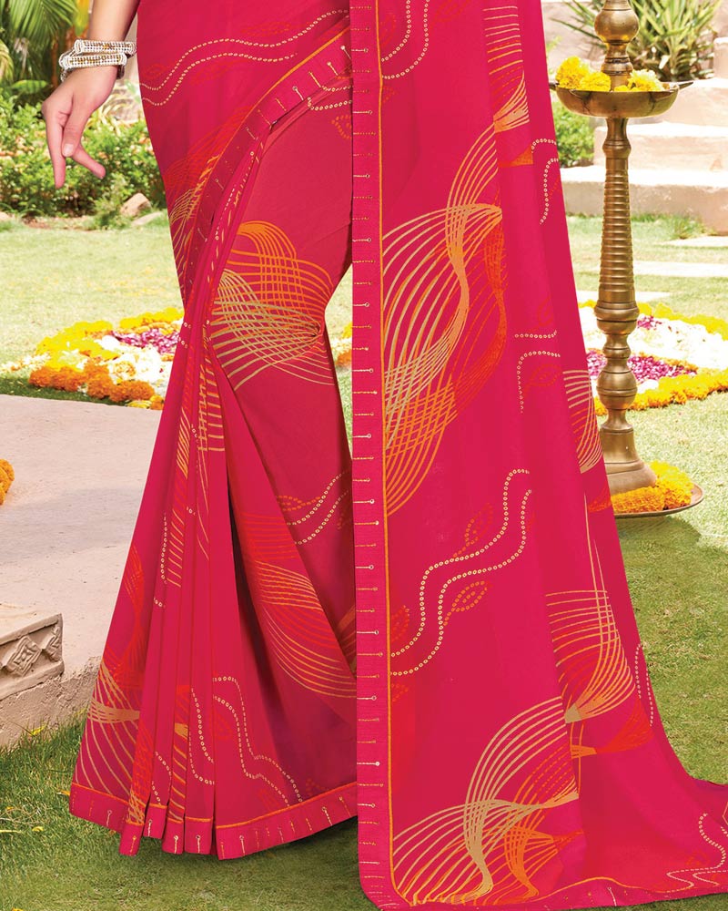 Vishal Prints Pinkish Red Printed Georgette Saree With Fancy Border