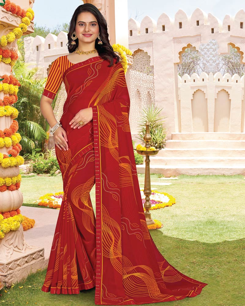 Vishal Prints Shiraz Red Printed Georgette Saree With Fancy Border