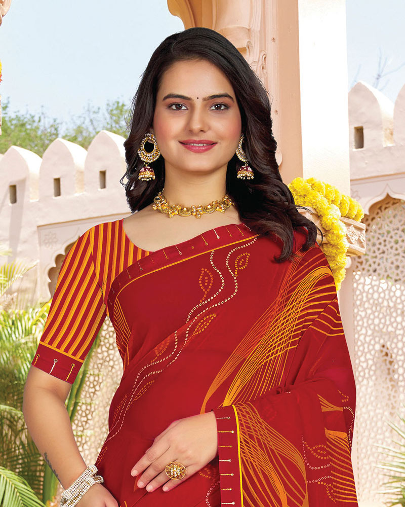 Vishal Prints Shiraz Red Printed Georgette Saree With Fancy Border