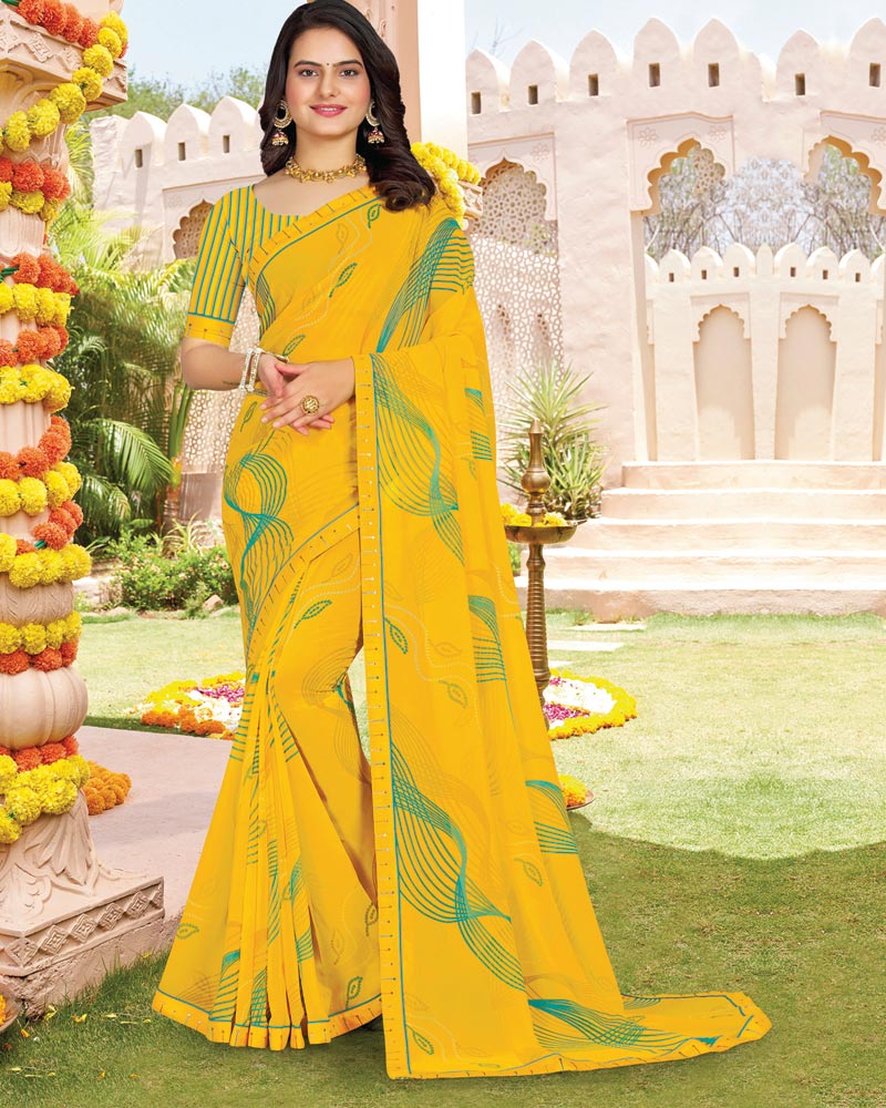 Vishal Prints Golden Yellow Printed Georgette Saree With Fancy Border