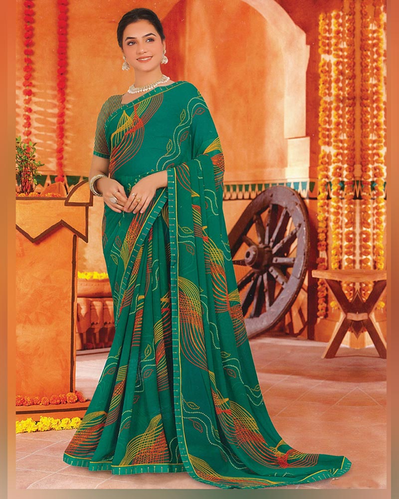 Vishal Prints Dark Tropical Green Printed Georgette Saree With Fancy Border
