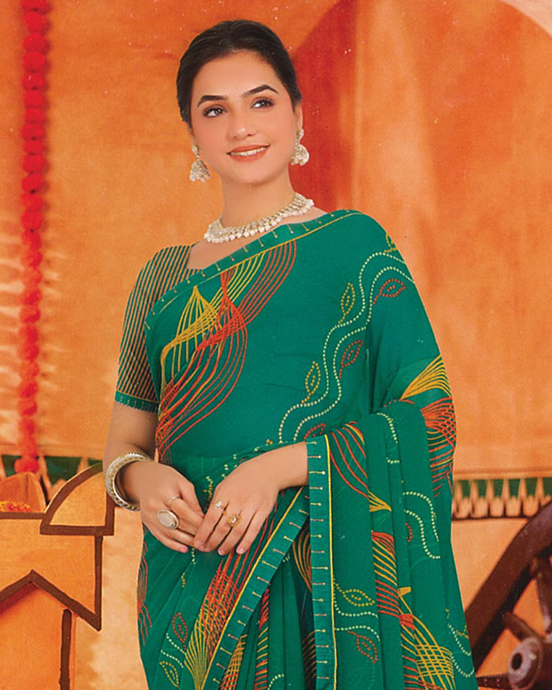 Vishal Prints Dark Tropical Green Printed Georgette Saree With Fancy Border