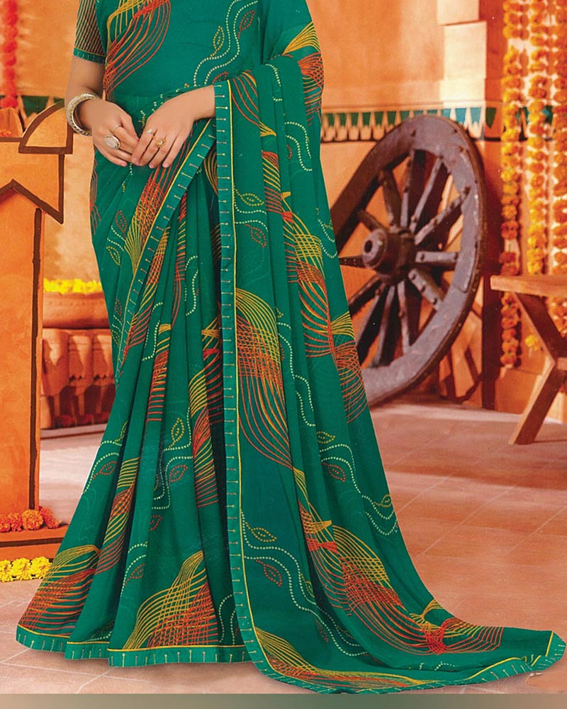 Vishal Prints Dark Tropical Green Printed Georgette Saree With Fancy Border