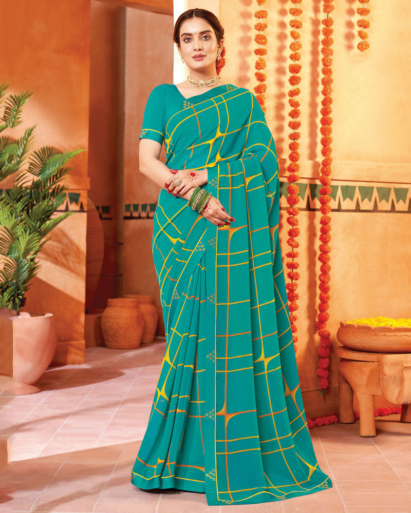 Vishal Prints Persian Green Printed Georgette Saree With Fancy Border