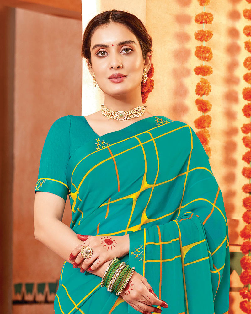 Vishal Prints Persian Green Printed Georgette Saree With Fancy Border