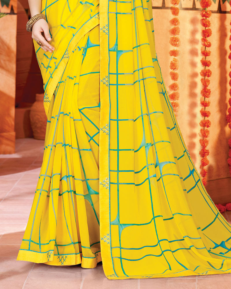Vishal Prints Dark Yellow Printed Georgette Saree With Fancy Border