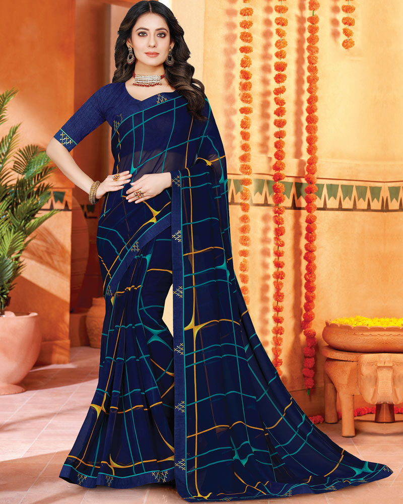 Vishal Prints Zodiac Blue Printed Georgette Saree With Fancy Border
