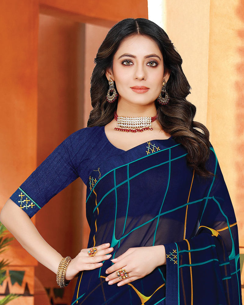 Vishal Prints Zodiac Blue Printed Georgette Saree With Fancy Border