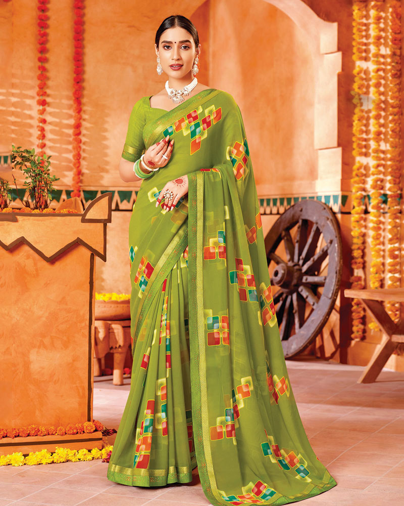 Vishal Prints Olive Green Printed Georgette Saree With Fancy Border
