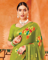 Vishal Prints Olive Green Printed Georgette Saree With Fancy Border