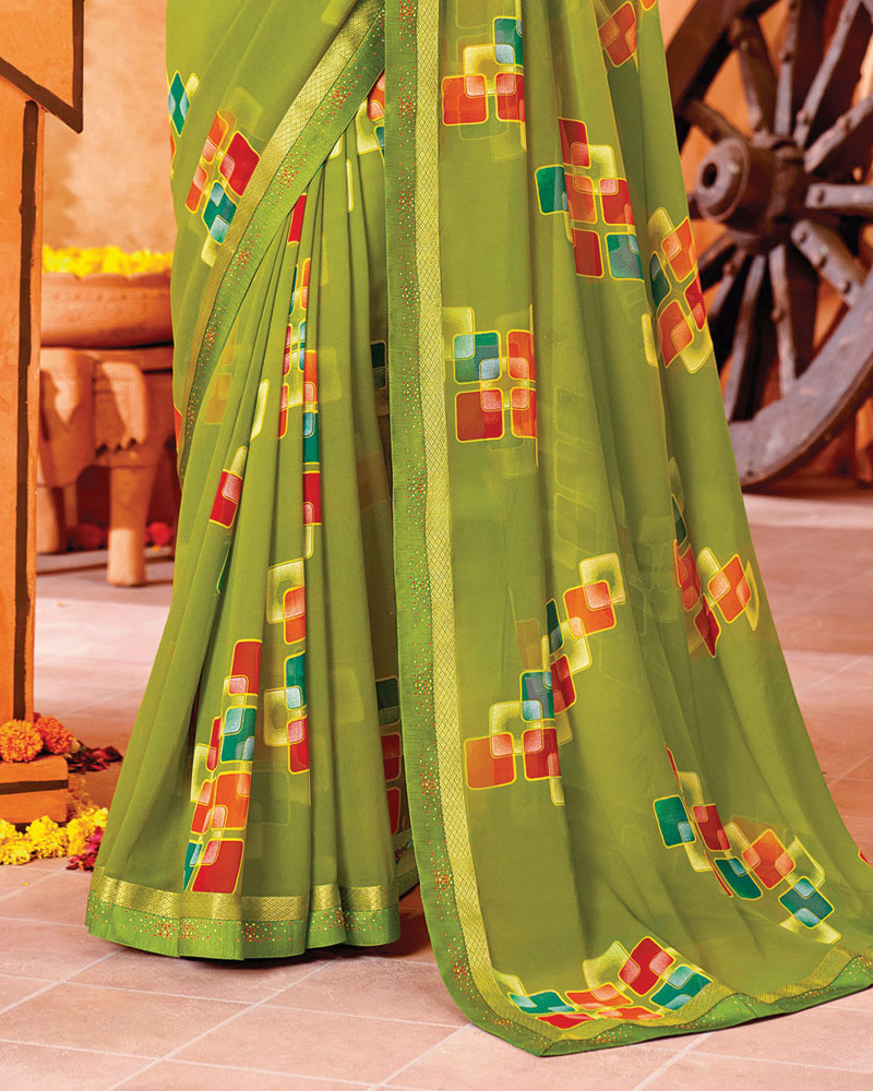 Vishal Prints Olive Green Printed Georgette Saree With Fancy Border