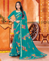 Vishal Prints Teal Blue Printed Georgette Saree With Fancy Border