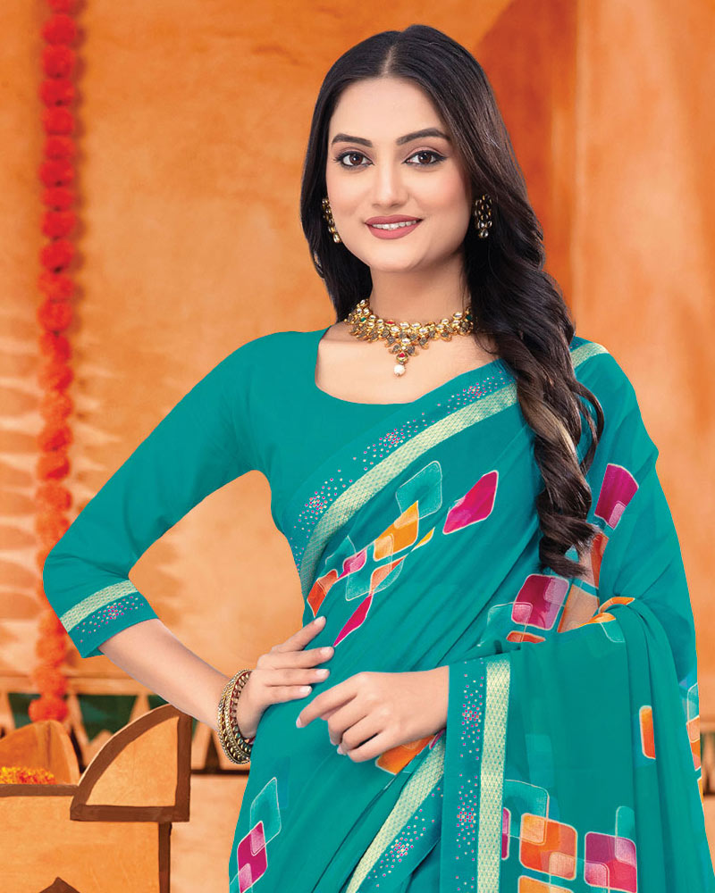 Vishal Prints Teal Blue Printed Georgette Saree With Fancy Border
