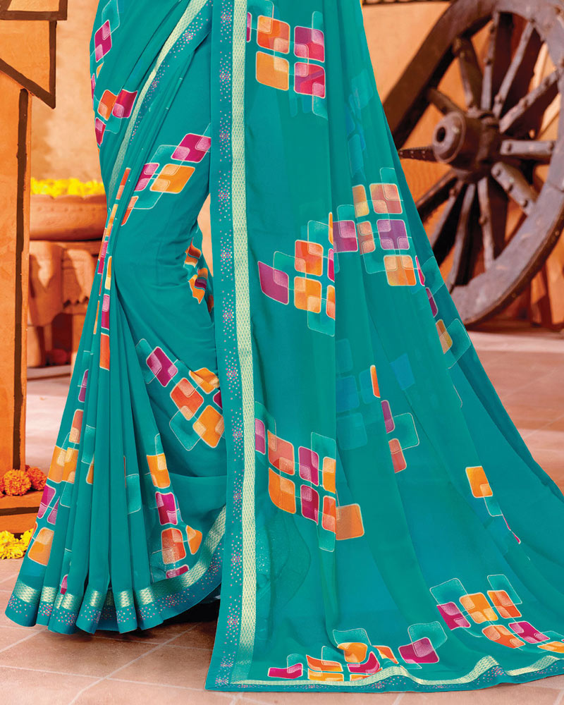 Vishal Prints Teal Blue Printed Georgette Saree With Fancy Border