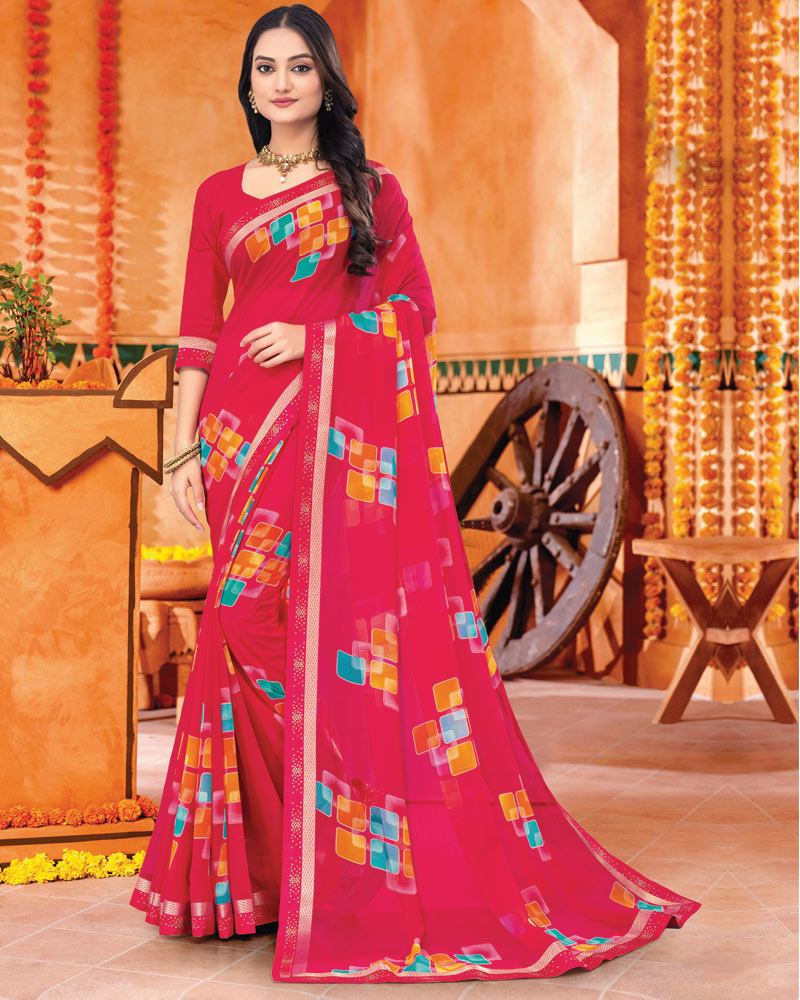 Vishal Prints Pinkish Red Printed Georgette Saree With Fancy Border