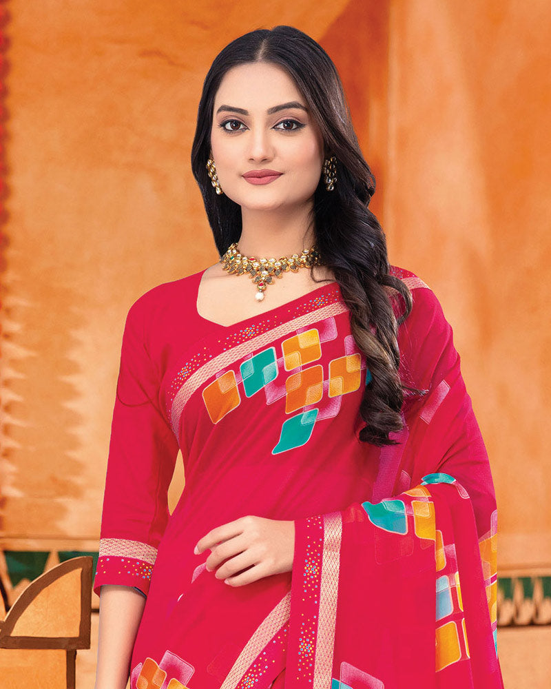 Vishal Prints Pinkish Red Printed Georgette Saree With Fancy Border