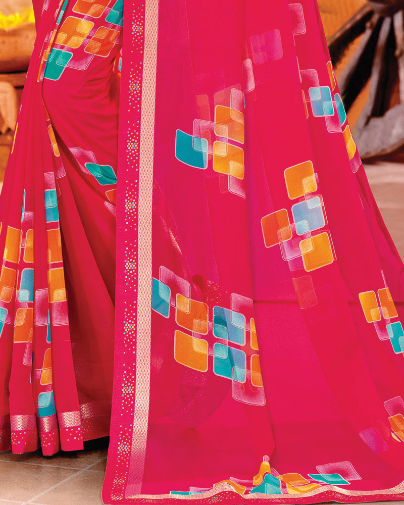 Vishal Prints Pinkish Red Printed Georgette Saree With Fancy Border