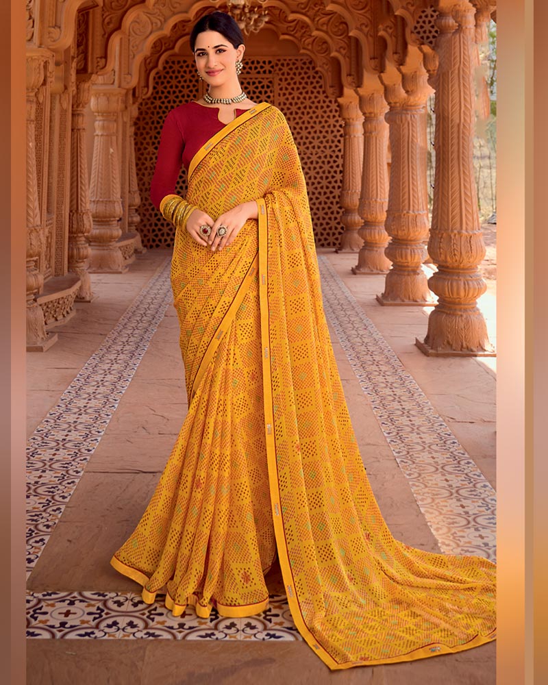Vishal Prints Dark Orange Yellow Printed Chiffon Saree With Fancy Border