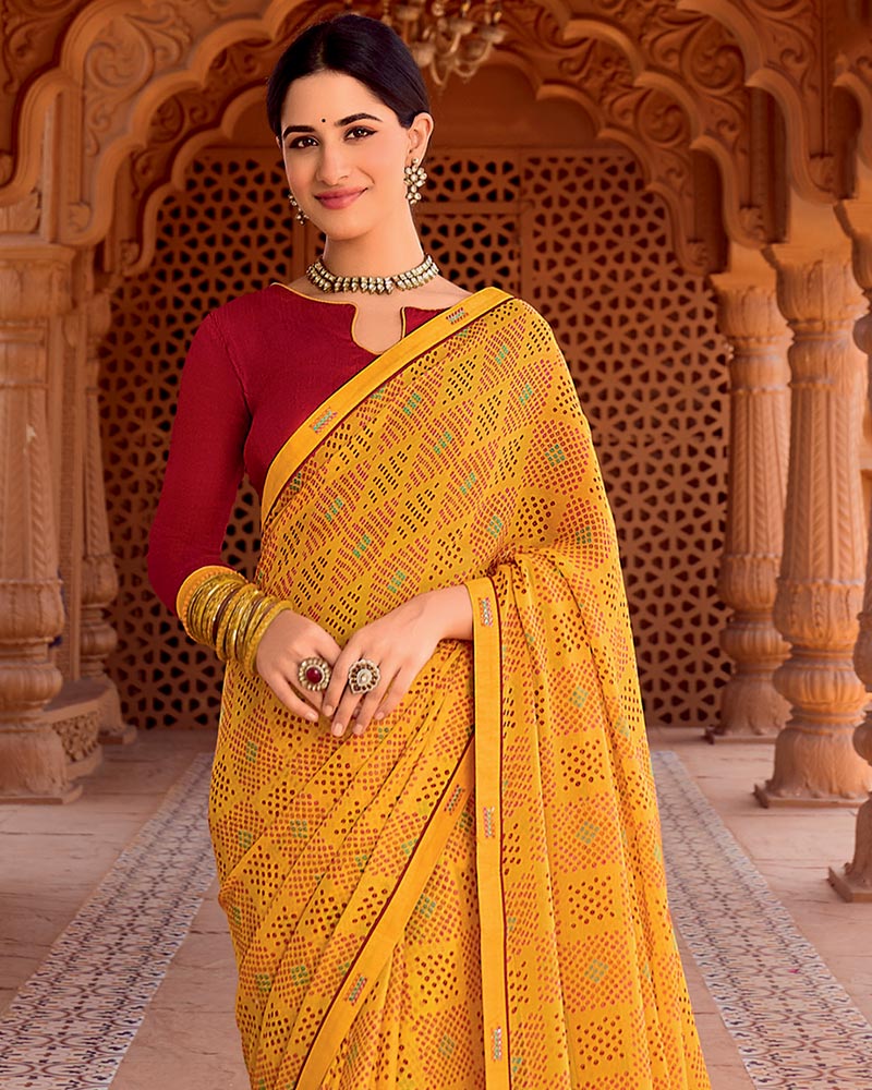 Vishal Prints Dark Orange Yellow Printed Chiffon Saree With Fancy Border
