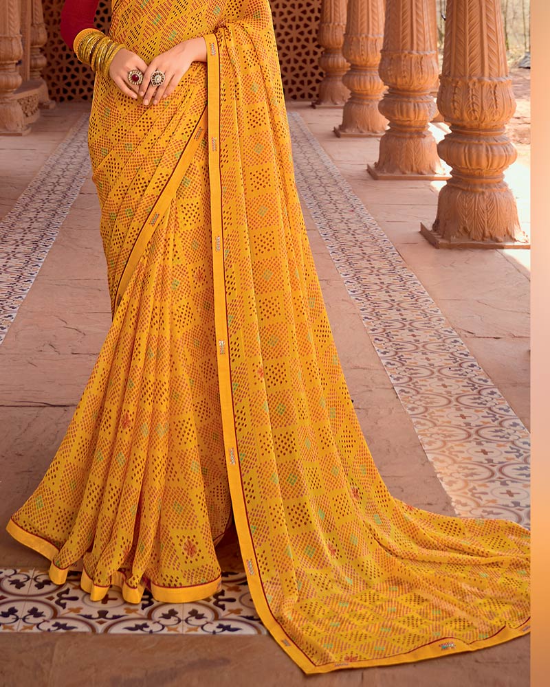 Vishal Prints Dark Orange Yellow Printed Chiffon Saree With Fancy Border