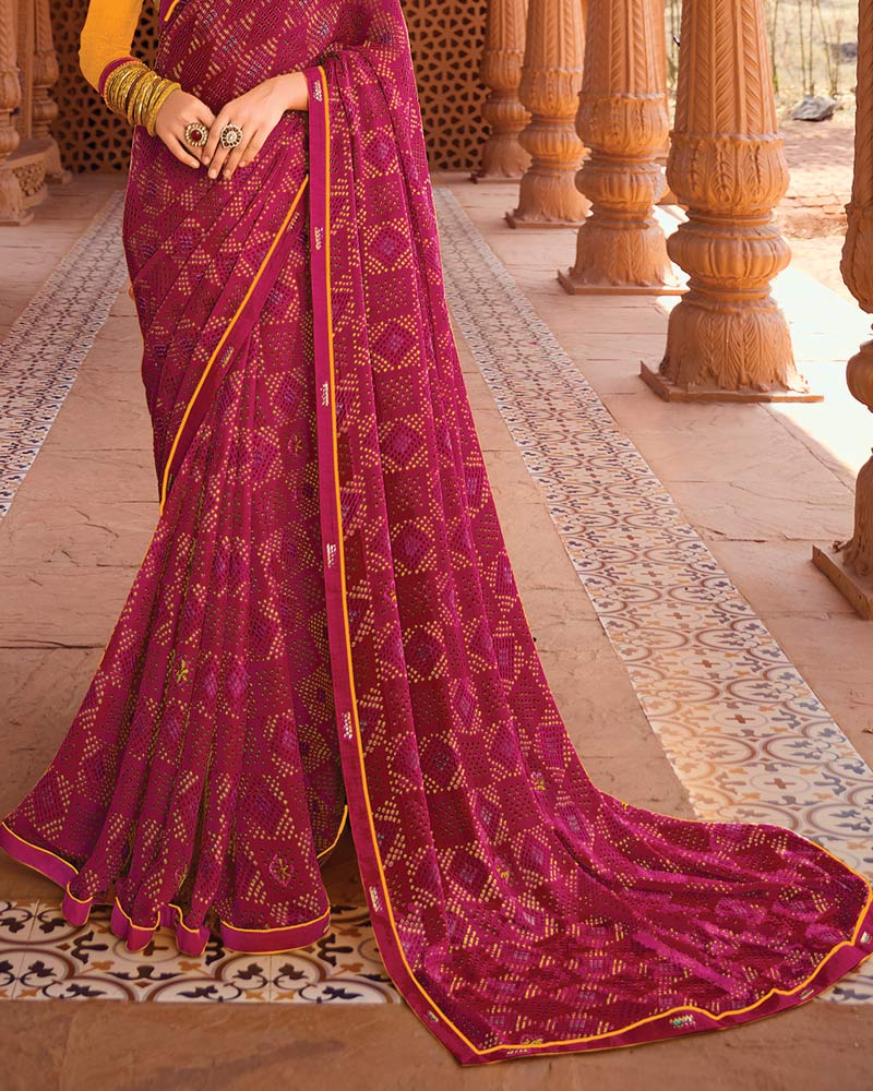 Vishal Prints Purplish Red Printed Chiffon Saree With Fancy Border