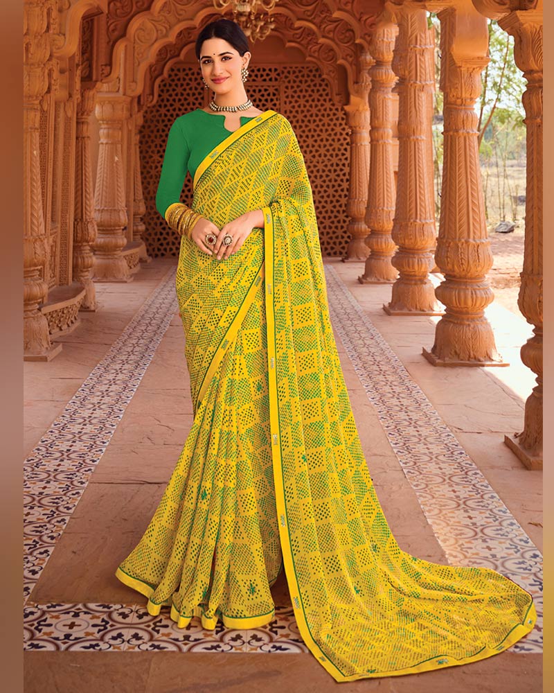 Vishal Prints Golden Yellow Printed Chiffon Saree With Fancy Border