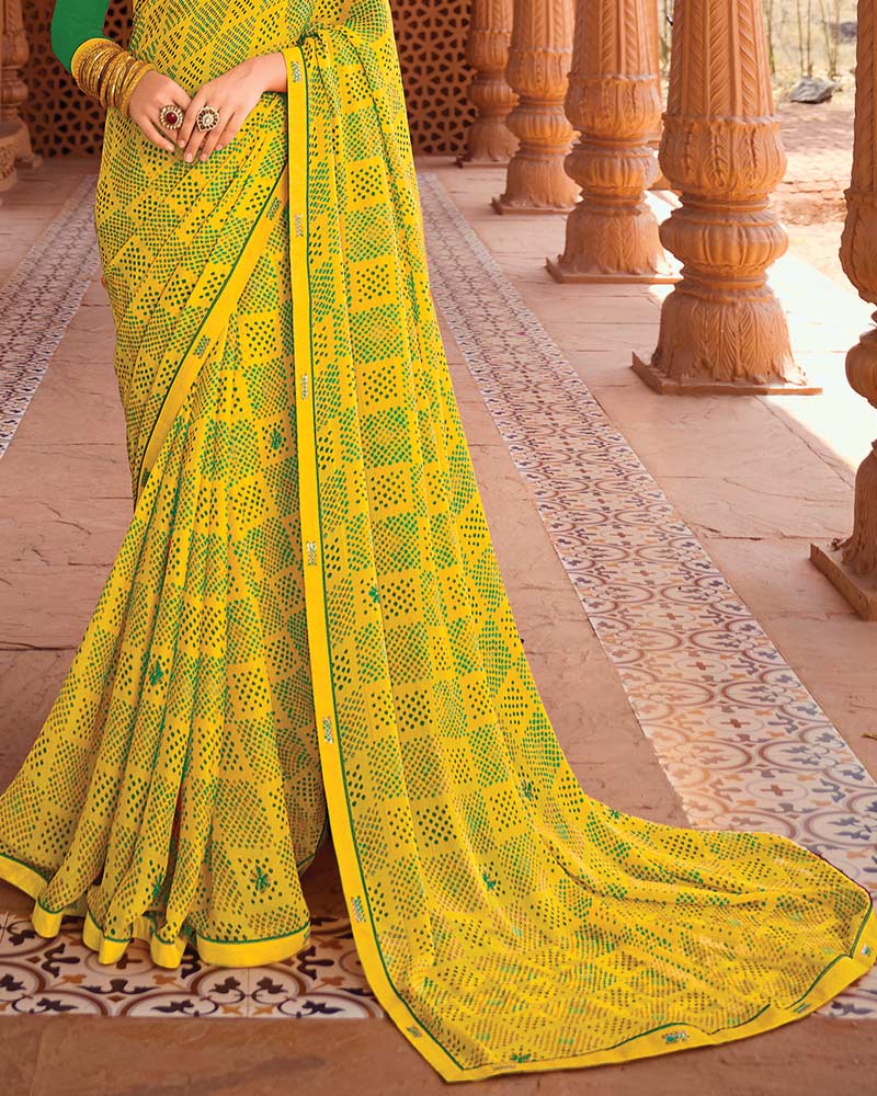 Vishal Prints Golden Yellow Printed Chiffon Saree With Fancy Border