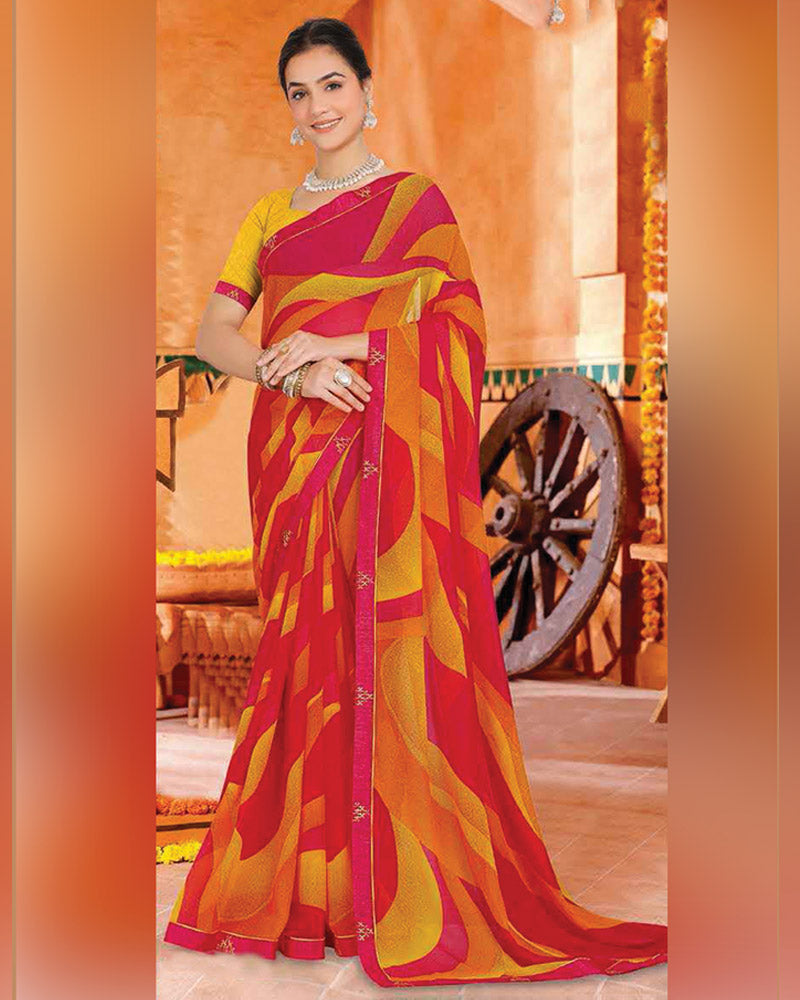 Vishal Prints Dark Burnt Pink And Orange Printed Georgette Saree With Fancy Border