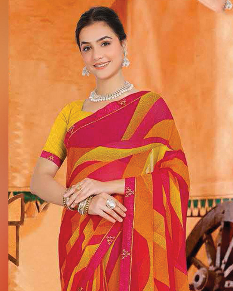 Vishal Prints Dark Burnt Pink And Orange Printed Georgette Saree With Fancy Border