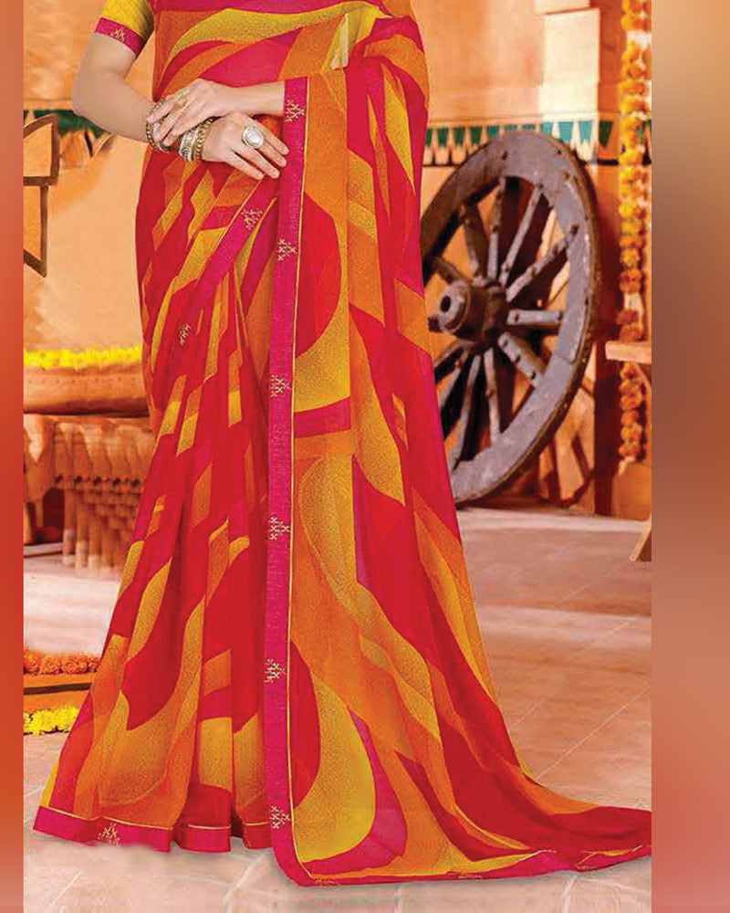 Vishal Prints Dark Burnt Pink And Orange Printed Georgette Saree With Fancy Border
