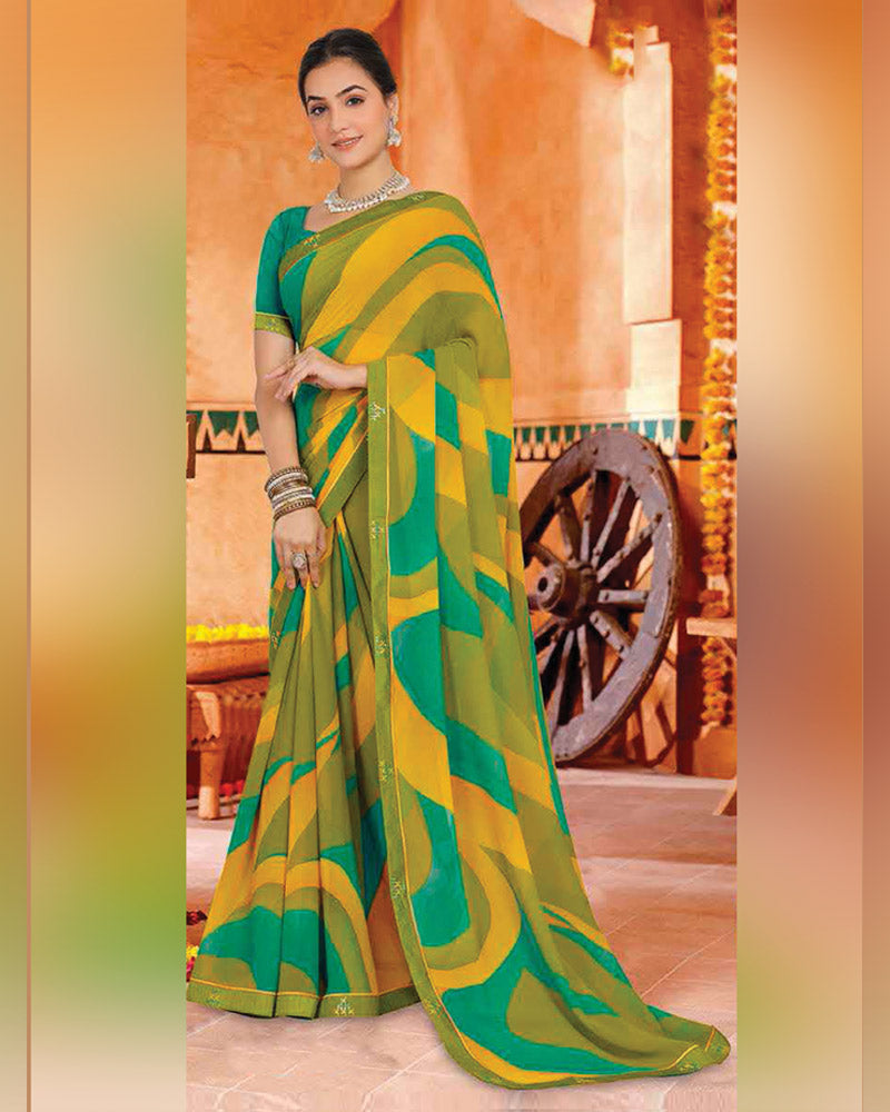 Vishal Prints Olive Green And Dark Yellow Printed Georgette Saree With Fancy Border