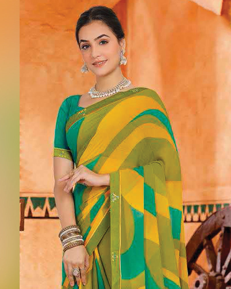 Vishal Prints Olive Green And Dark Yellow Printed Georgette Saree With Fancy Border