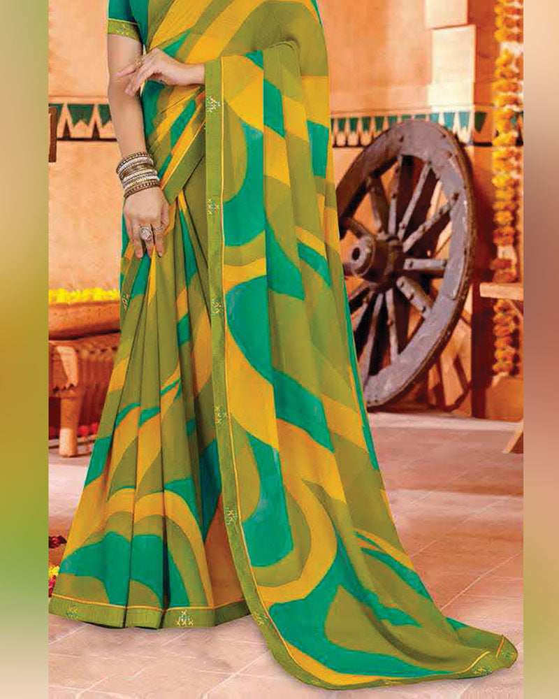 Vishal Prints Olive Green And Dark Yellow Printed Georgette Saree With Fancy Border