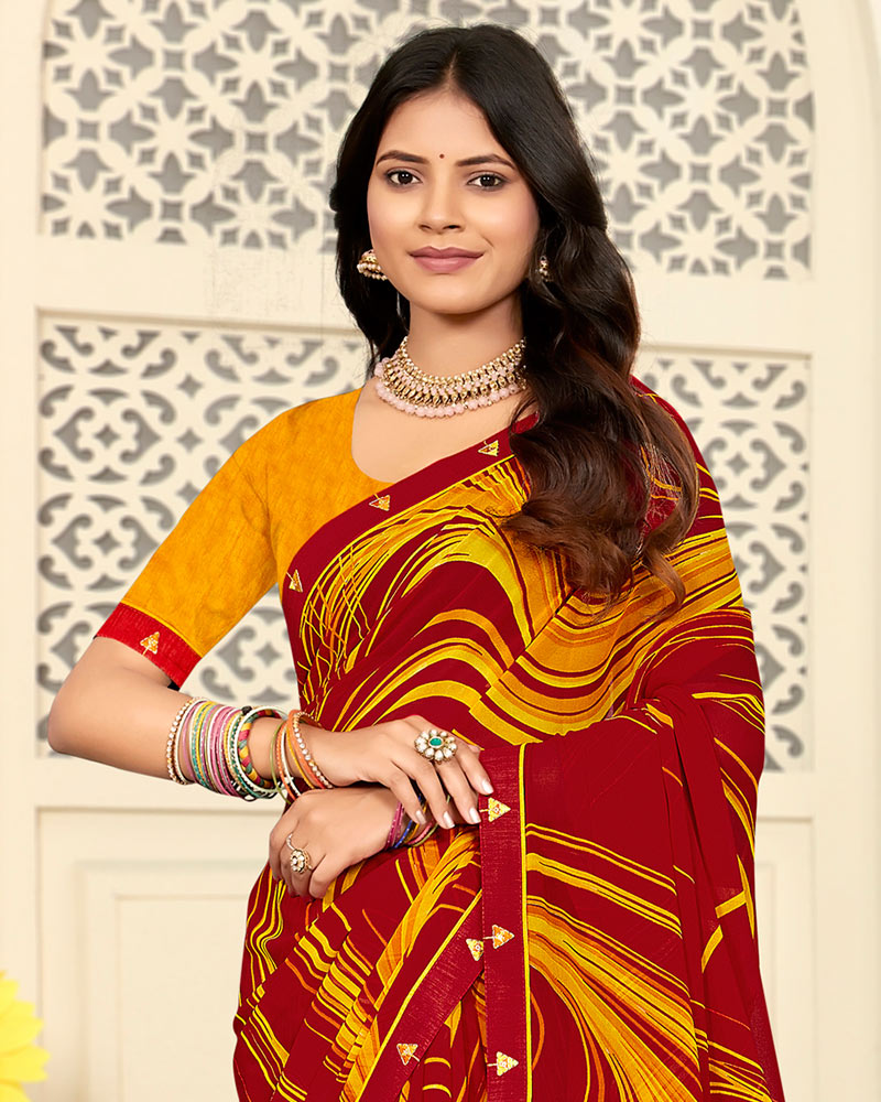 Vishal Prints Dark Red Printed Georgette Saree With Fancy Border